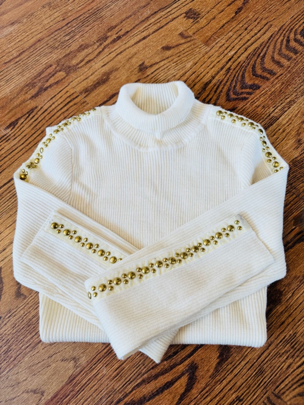 Vintage Cache Cream Turtleneck Sweater with Gold Stud Detailing